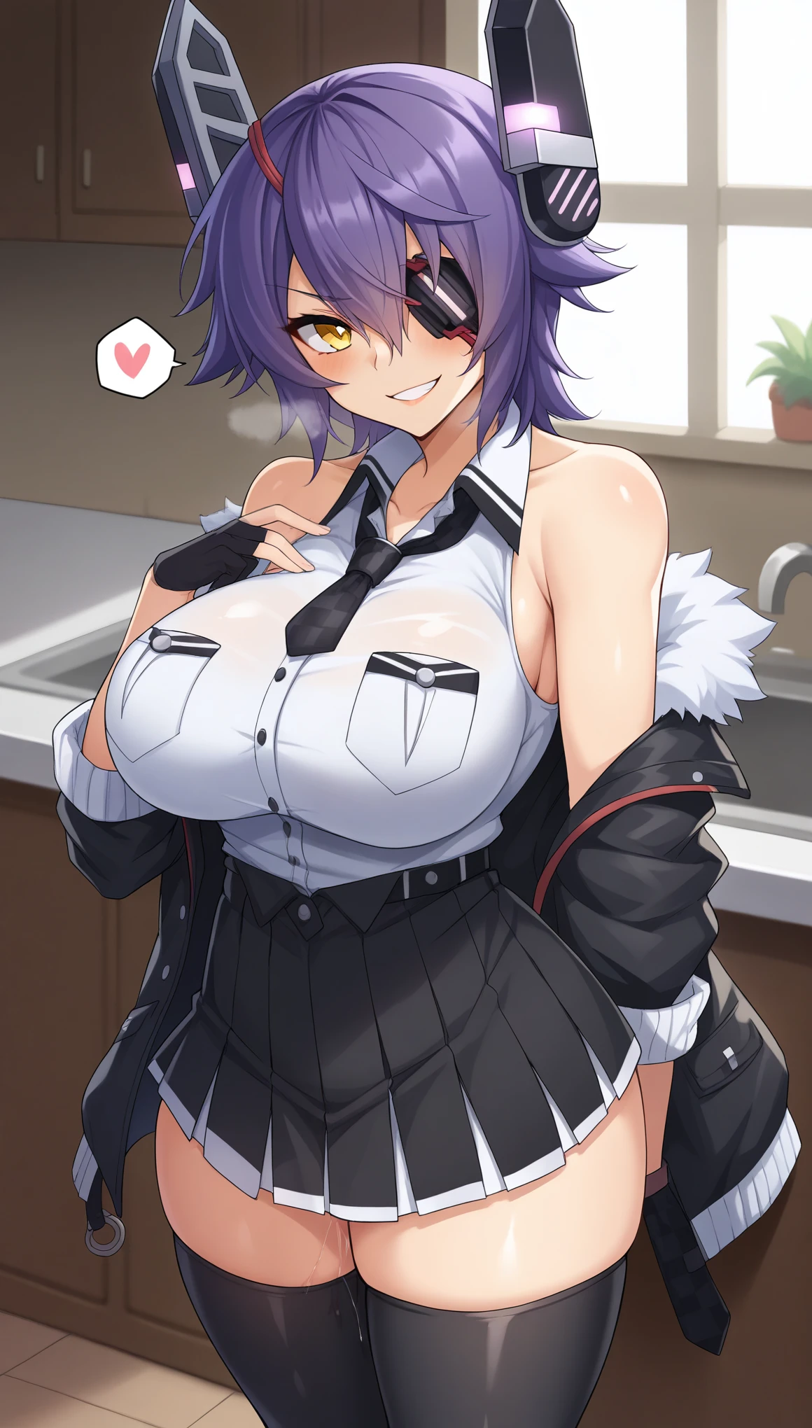 score_9, score_8_up, score_7_up, score_6_up, Kitchen,
BREAK
ExpressiveH, souce_explicit, souce_anime,
BREAK
1girl,tenryuu-kc, headgear, eyepatch, short hair, purple hair, yellow eyes, elect nipple, large breasts, seductive, smile, spoken heart, 
tenryuukai2-kc, sleeveless shirt, white shirt, fur trim jacket, off shoulder, necktie, checkered necktie, black skirt, miniskirt, pleated skirt, black thighhighs, boots, sleeves rolled up, fingerless gloves, black groves,
tall, leggy, shiny skin, heavy breathing, wide hips, tight waist, thick thighs,
,, , pussy juice,
, ,
,
, ,
,,, ,
, 
,