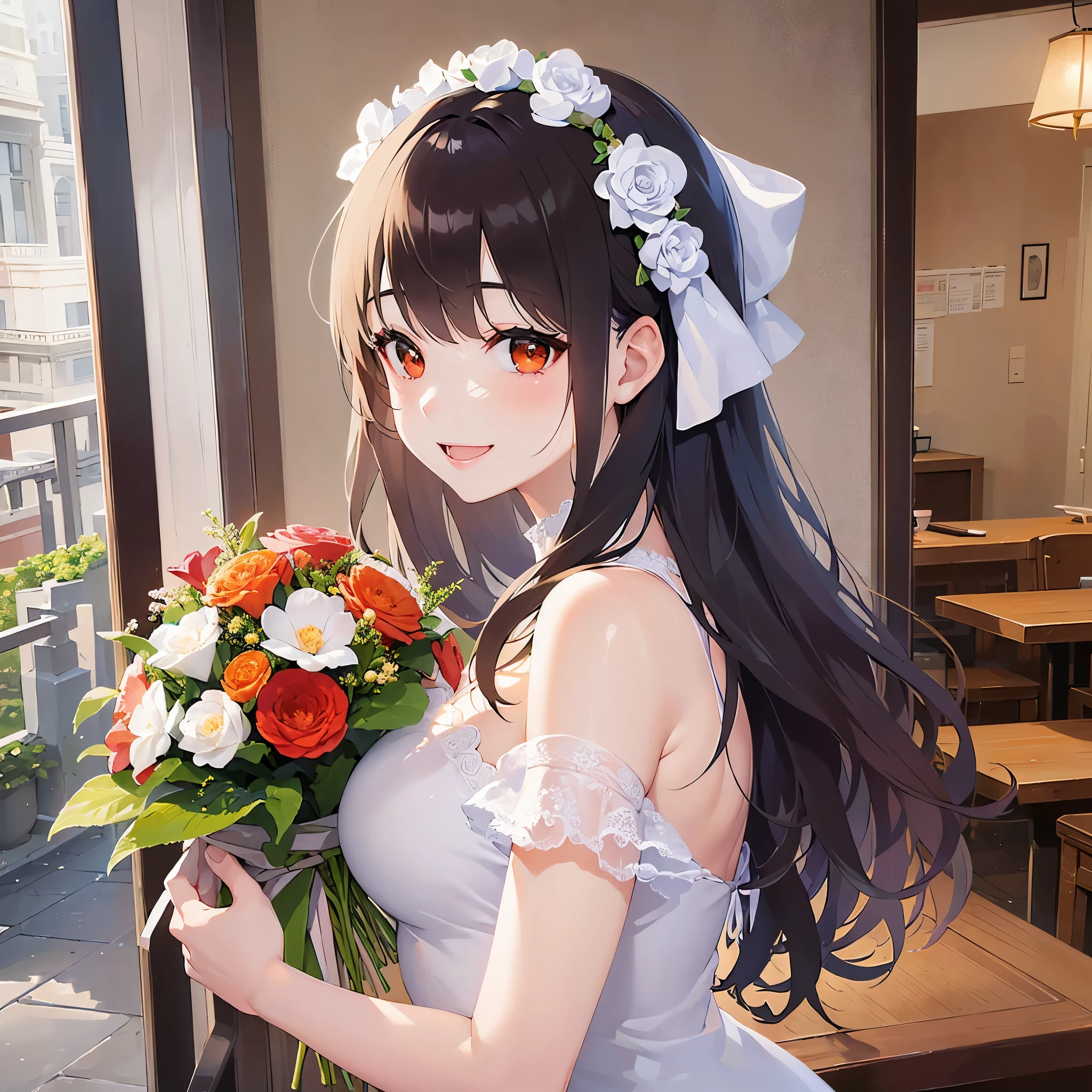 （looking at viewer:1.5）,Upper Body,Holding a bouquet、
 Realistic, real person, (pale skin: 1.2), RAW photo, photorealistic, shiny skin, shiny hair、
(A 25-year-old woman with medium-length hair and bangs) and (wavy hair) and (brown hair) and (orange eyes：1.5) 、
(tearful:1.3),(smile:1.5)、open mouth,White Wedding Dress、The background is inside the restaurant