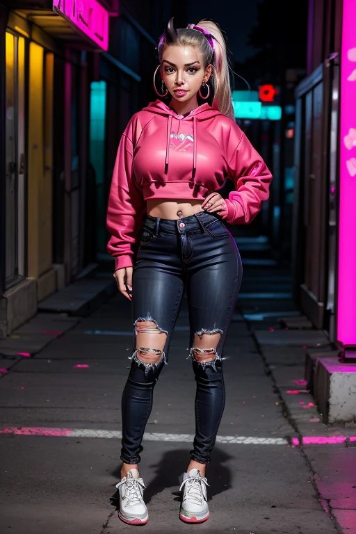 1female, deep crimson hair, styled in a high ponytail, fierce amber eyes, confident expression, black oni horns curving elegantly from her forehead, oversized graphic hoodie in neon pink, ripped black jeans, chunky white sneakers, silver hoop earrings, urban alley background with vibrant street art and neon lights, detailed face, hands to side, standing on path