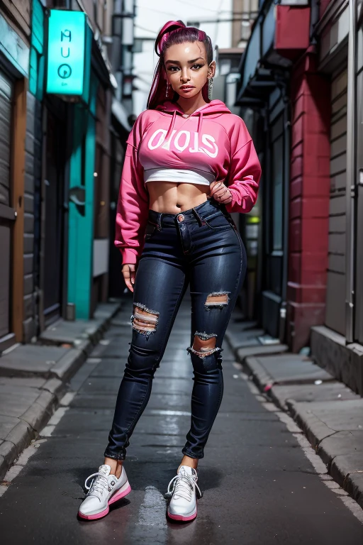 1female, deep crimson hair, styled in a high ponytail, fierce amber eyes, confident expression, black oni horns curving elegantly from her forehead, oversized graphic hoodie in neon pink, ripped black jeans, chunky white sneakers, silver hoop earrings, urban alley background with vibrant street art and neon lights, detailed face, hands to side, standing on path