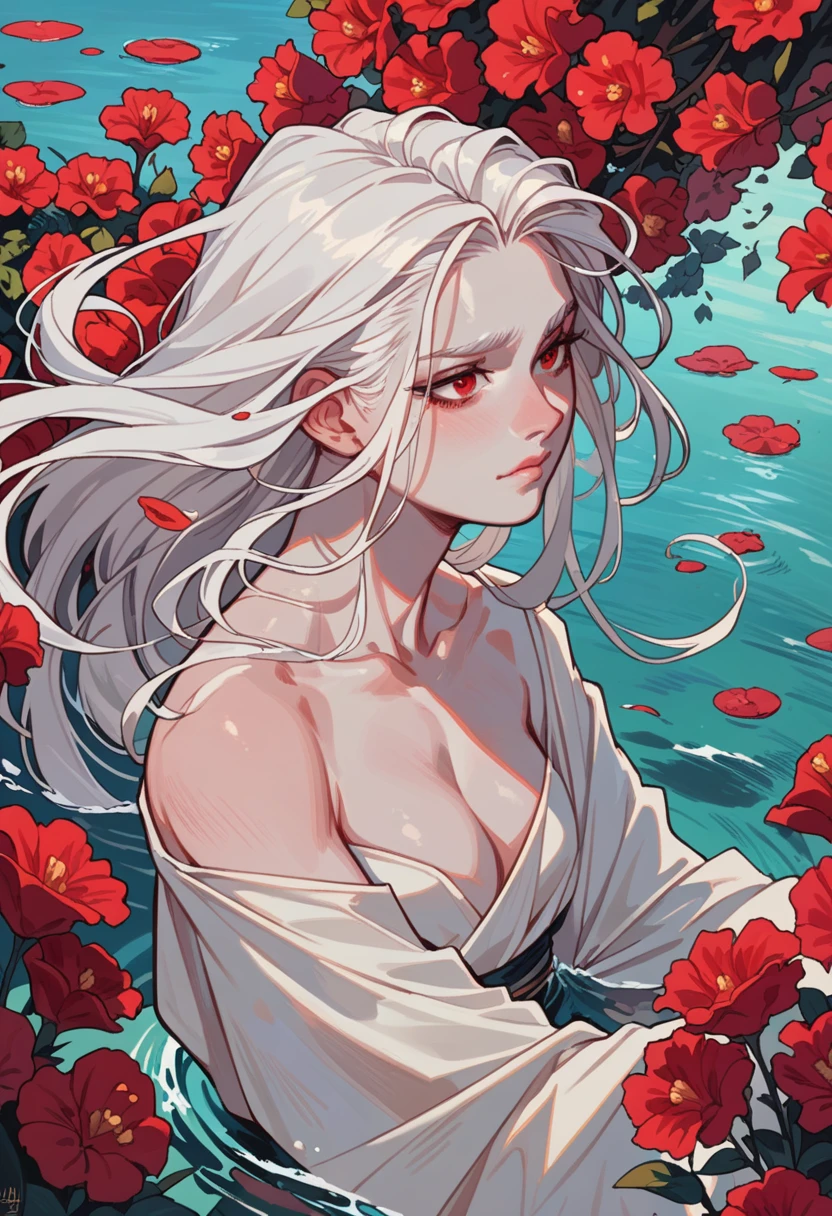 pale man , handsome , red eyes , white hair , white skin , fast , beautiful , longhair , god , bending water , god of the ocean