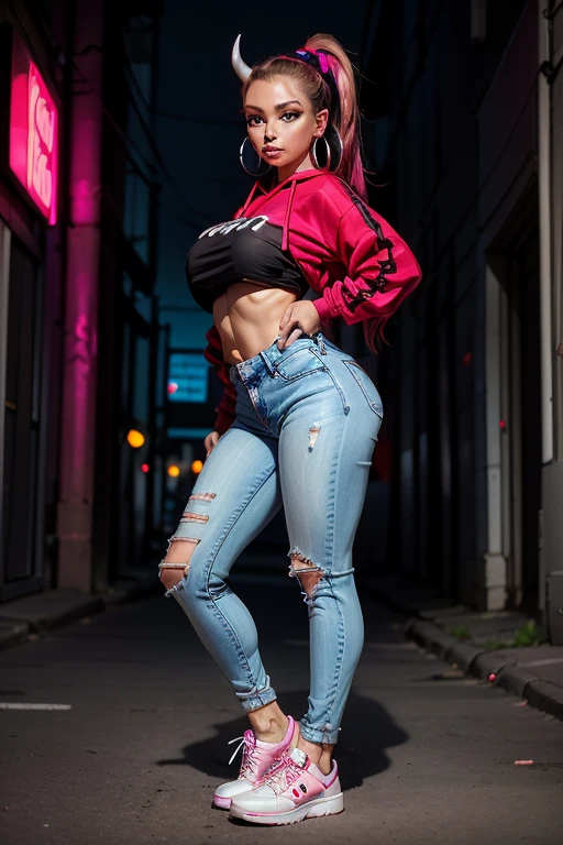 1female, deep crimson hair, styled in a high ponytail, fierce amber eyes, confident expression, black oni horns curving elegantly from her forehead, oversized graphic hoodie in neon pink, ripped black jeans, chunky white sneakers, silver hoop earrings, urban alley background with vibrant street art and neon lights, detailed face, hands to side, standing on path