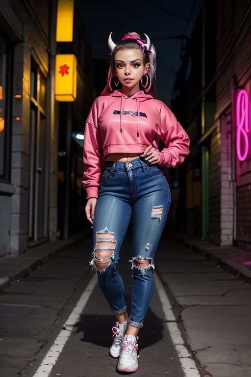 1female, deep crimson hair, styled in a high ponytail, fierce amber eyes, confident expression, black oni horns curving elegantly from her forehead, oversized graphic hoodie in neon pink, ripped black jeans, chunky white sneakers, silver hoop earrings, urban alley background with vibrant street art and neon lights, detailed face, hands to side, standing on path