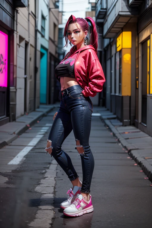 1female, deep crimson hair, styled in a high ponytail, fierce amber eyes, confident expression, black oni horns curving elegantly from her forehead, oversized graphic hoodie in neon pink, ripped black jeans, chunky white sneakers, silver hoop earrings, urban alley background with vibrant street art and neon lights, detailed face, hands to side, standing on path