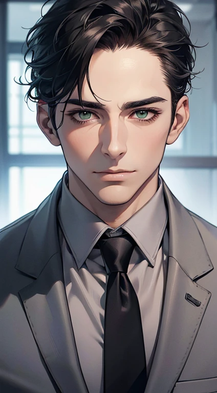 (Highest quality,4K,8K,High resolution,masterpiece:1.2),Super detailed,(Realistic,photoRealistic,photo-Realistic:1.37),1 person,35 years old,Mature Men,Beautiful skin、very handsome,Expressionless,Short gray Black hair,green eyes,Sharp Eyes,A perfect face without a doubt,Businessman, CEO, Office Background,Cinema Lighting,HDR image,tie、