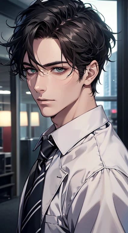 (Highest quality,4K,8K,High resolution,masterpiece:1.2),Super detailed,(Realistic,photoRealistic,photo-Realistic:1.37),1 person,35 years old,Mature Men,Beautiful skin、very handsome,Expressionless,Short gray Black hair,green eyes,Sharp Eyes,A perfect face without a doubt,Businessman, CEO, Office Background,Cinema Lighting,HDR image,tie、