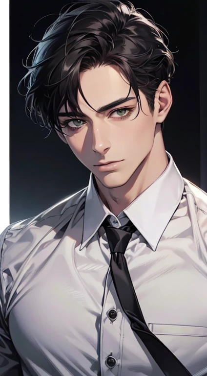 (Highest quality,4K,8K,High resolution,masterpiece:1.2),Super detailed,(Realistic,photoRealistic,photo-Realistic:1.37),1 person,35 years old,Mature Men,Beautiful skin、very handsome,Expressionless,Short gray Black hair,green eyes,Sharp Eyes,A perfect face without a doubt,Businessman, CEO, Office Background,Cinema Lighting,HDR image,tie、