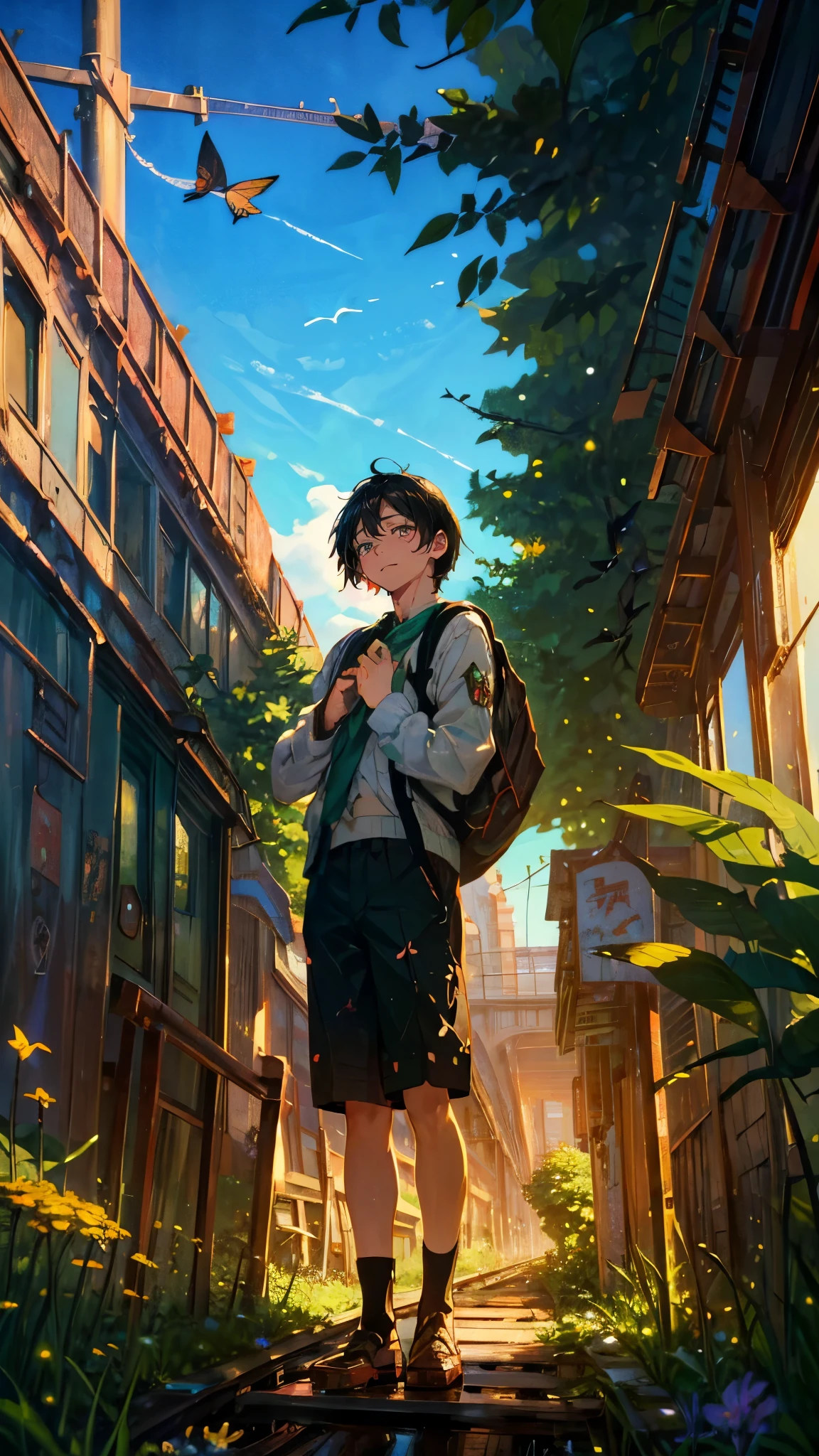 (Mastepiece), (Best Quality), Very detailed, (1 boy:1.5), (Full body solo shot:1.4), Perfect Face, Beautiful Boy, Very detailedな顔,(Black short hair:1.5),(Green Eyes:1.4),(short pants:1.4)、(Lots of butterflies々:1.4)、bird、(Abandoned train station platform、line、Rusty train:1.5)、(Plants、flower:1.4)、mysterious、Fantasy、beautiful、beautiful、(Close your eyes and laugh:1.3)、(Happy Face:1.4)、A big smile