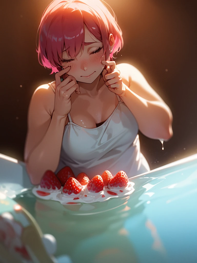 nyotaimori, lying on bed, vegetable, fruit, whipped cream, masterpiece, best quality, ultra detailed, bedroom, on bed, blush, Purple Hair, Ahoge, Shortcuts, (nude:1.3)