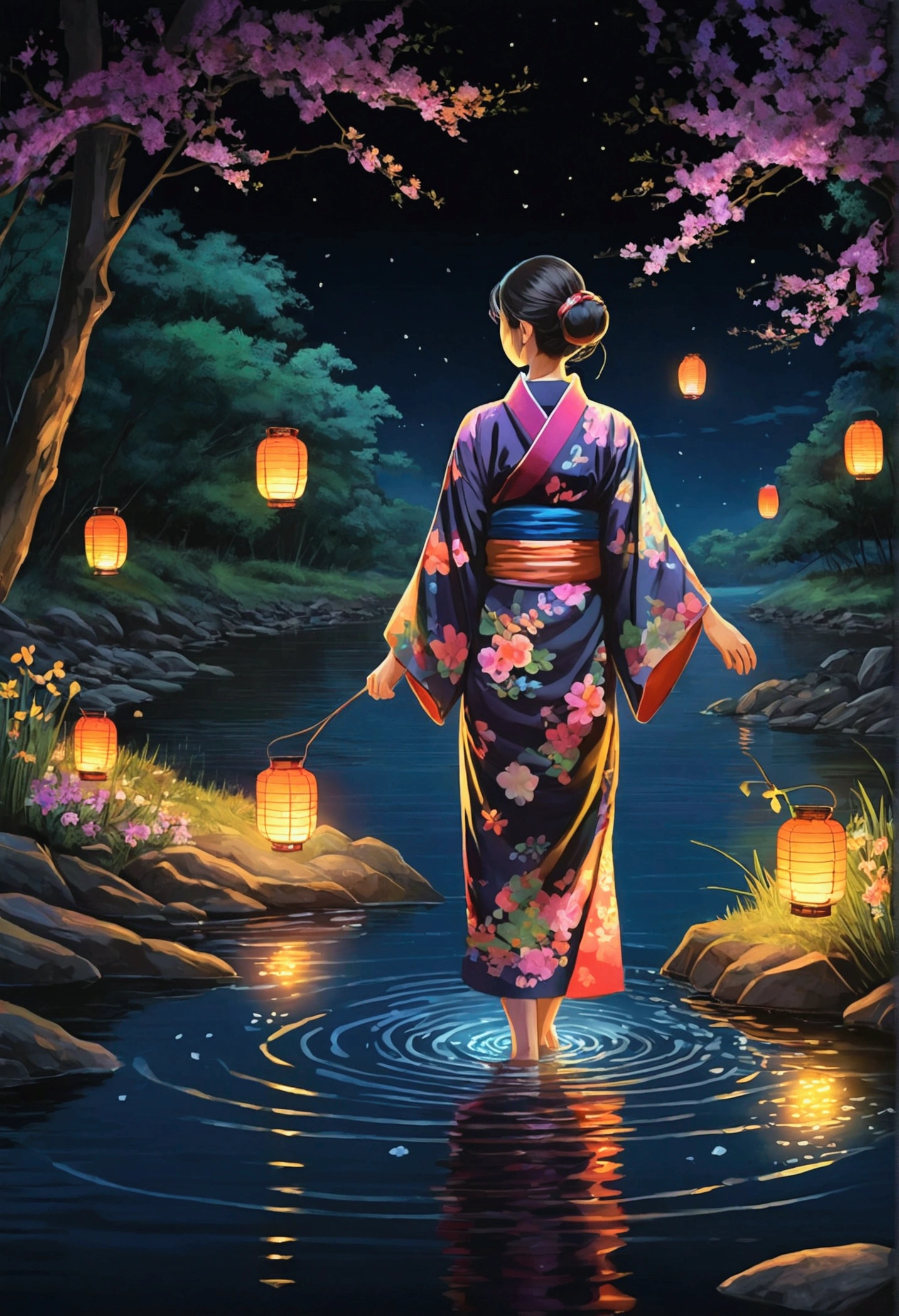 Spirit floating in pale shape, Woman in yukata with colorful flowers walking along the river. Her beautiful face and brightly colored glowing eyes. Dark night river、Illuminated fantastically by the floating light of the spirits. Woman walking with hand lanterns illuminating her feet. Along the river at night with wildflowers blooming. Detailed drawing. Vivid colors. High image quality. --S 1000 --AR 4:5 - Rainbow 5