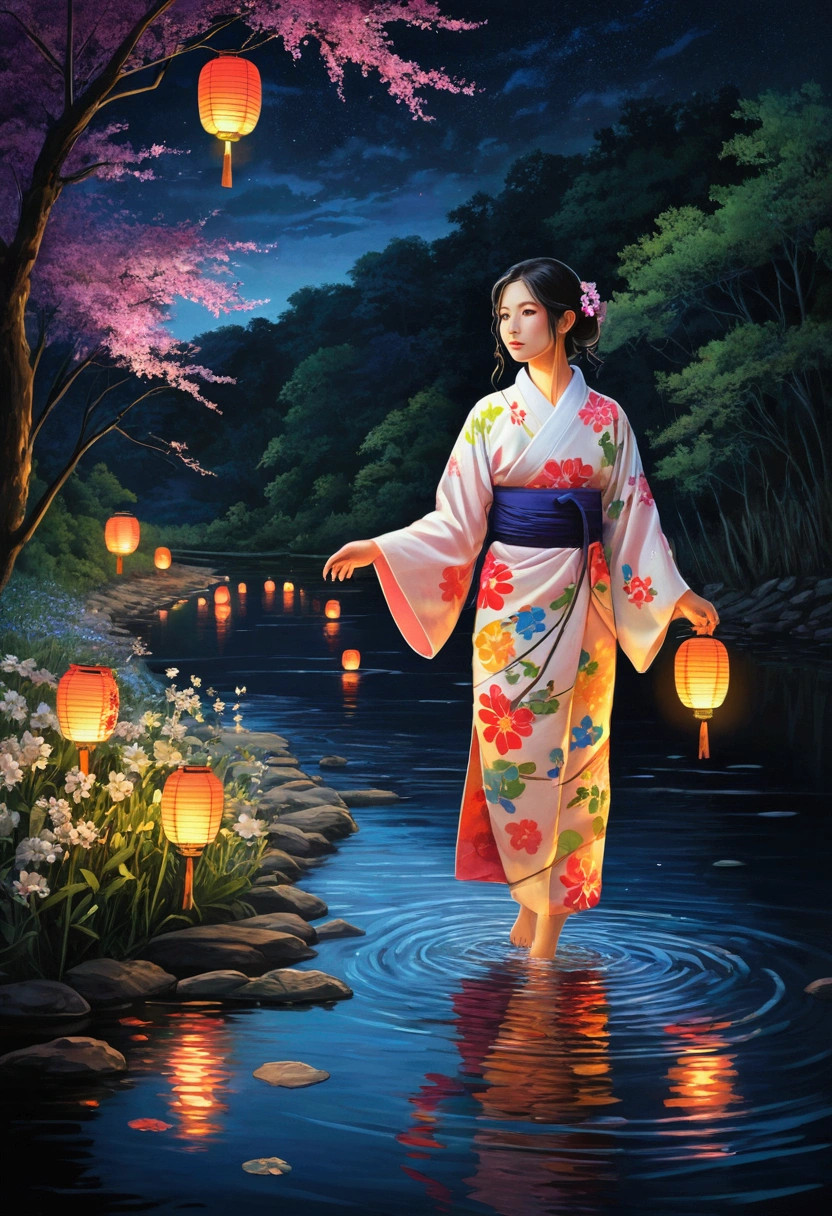 Spirit floating in pale shape, Woman in yukata with colorful flowers walking along the river. Her beautiful face and brightly colored glowing eyes. Dark night river、Illuminated fantastically by the floating light of the spirits. Woman walking with hand lanterns illuminating her feet. Along the river at night with wildflowers blooming. Detailed drawing. Vivid colors. High image quality. --S 1000 --AR 4:5 - Rainbow 5