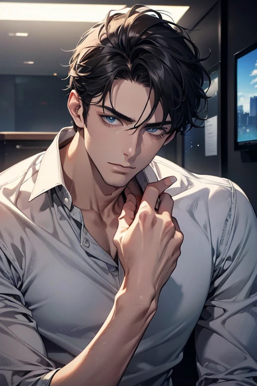 (Best Quality,4k,8k,high resolution,Masterpiece:1.2),ultra detailed,(realist,photorealist,photo-realist:1.37),1 man,31 years,mature man,very handsome,without expresion,muscled body,short gray black hair,Blue eyes,glare,perfect face without mistakes,imposing posture,businessman,office background,cinematic lighting,imagen HDR