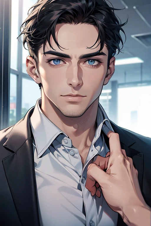(Best Quality,4k,8k,high resolution,Masterpiece:1.2),ultra detailed,(realist,photorealist,photo-realist:1.37),1 man,31 years, man,very handsome,without expresion,muscled body,short gray black hair,Blue eyes,glare,perfect face without mistakes,imposing posture,businessman,office background,cinematic lighting,imagen HDR