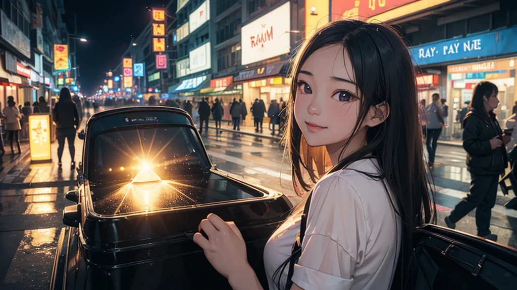 (best quality), (masterpiece), a background image for Lofi Music with a Vietnam girl, (Vietnam girl:1.1), (Lofi Music:1.3), (serene expression:1.3), (ray tracing:1.3), (realistic:1.5), City of the Night, neon signs on the street sparkle,City of the Night,Smiling look