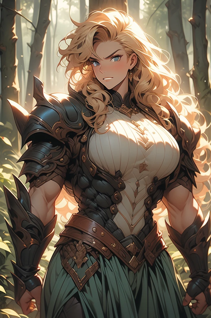 curly blonde hair, freckles, voluptuous, giant, strong, smirking, angry, leather armor, heroine, forest background