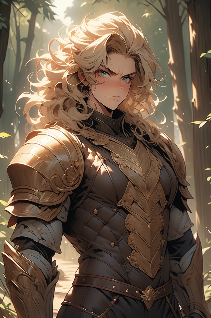 curly blonde hair, freckles, voluptuous, giant, strong, smirking, angry, leather armor, heroine, forest background