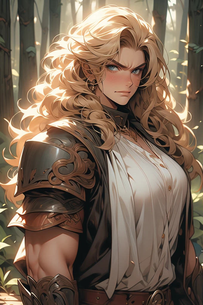 curly blonde hair, freckles, voluptuous, giant, strong, smirking, angry, leather armor, heroine, forest background