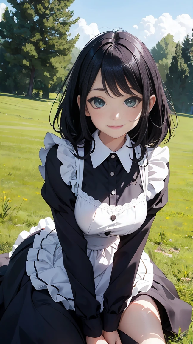 Draw the face in detail、1 childish girl、Maid costume、Professional lighting、Happy expression、Shiny black hair、Perfect anatomical structure、On a green meadow