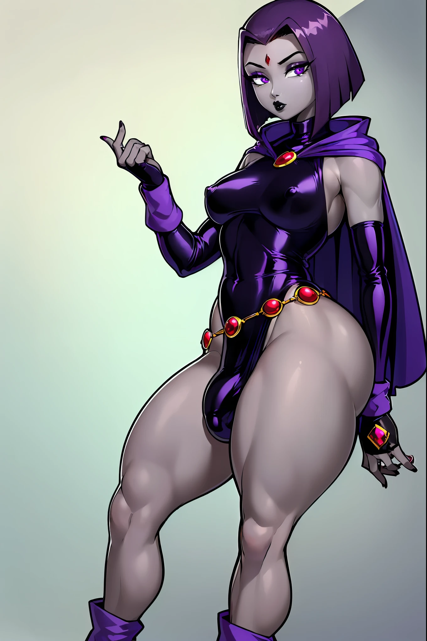 (solo:1.1),(masterpiece), (best quality:1.3),(nyantcha Style:1.3), ultra detailed, intricate, professional art, digital art, absurdres, shadraven, (Full body view:1.3), (far away view:1.1), 1girl, solo, (grey skin:1.4), dark purple hair, bob hair, dark purple eyes, hips wider than shoulders, pear shaped body, jewellery, detailed thighs, (thick thighs:1.3), red jewel in forehead, jewels, (long sleeved turtleneck leotard:1.4), (Red jewel Belt), (red jewel brooch), cuffs, small breasts, nipple bulge, (raven long dark purple hooded cape), (Shadraven brooch:1.2), Shadraven jewel belt, Shadraven wearing a long sleeved leotard with fingerless gloves and ankle boots and a hooded cape, long legs, ( detailed long thick veiny crotch bulge:1.4), large penis, large testicles, side view, looking at viewer, bubble butt , gluteal crease, universal lighting,(Detailed ass),