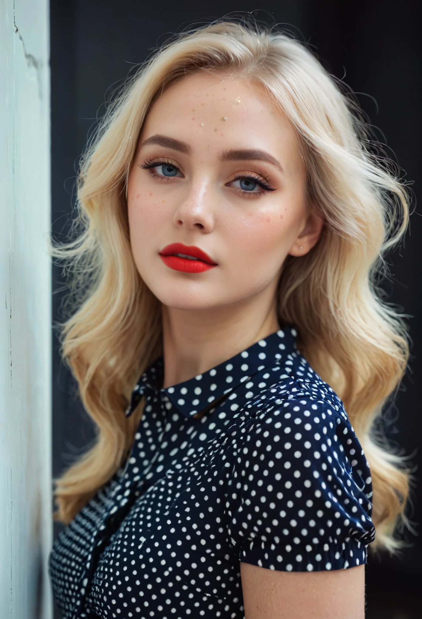 fashion photography of 23 y.o blonde woman, beautiful makeup, wearing dot dress, 35mm, Anastasia Ovchinnikova