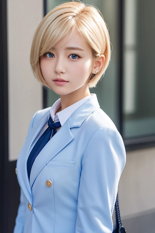 A beautiful girl、uniform、White shirt、Short cut ,light Blue blazer、Beautiful blonde、high resolution、Upper Body、Bust size is I cup,Muscular Woman