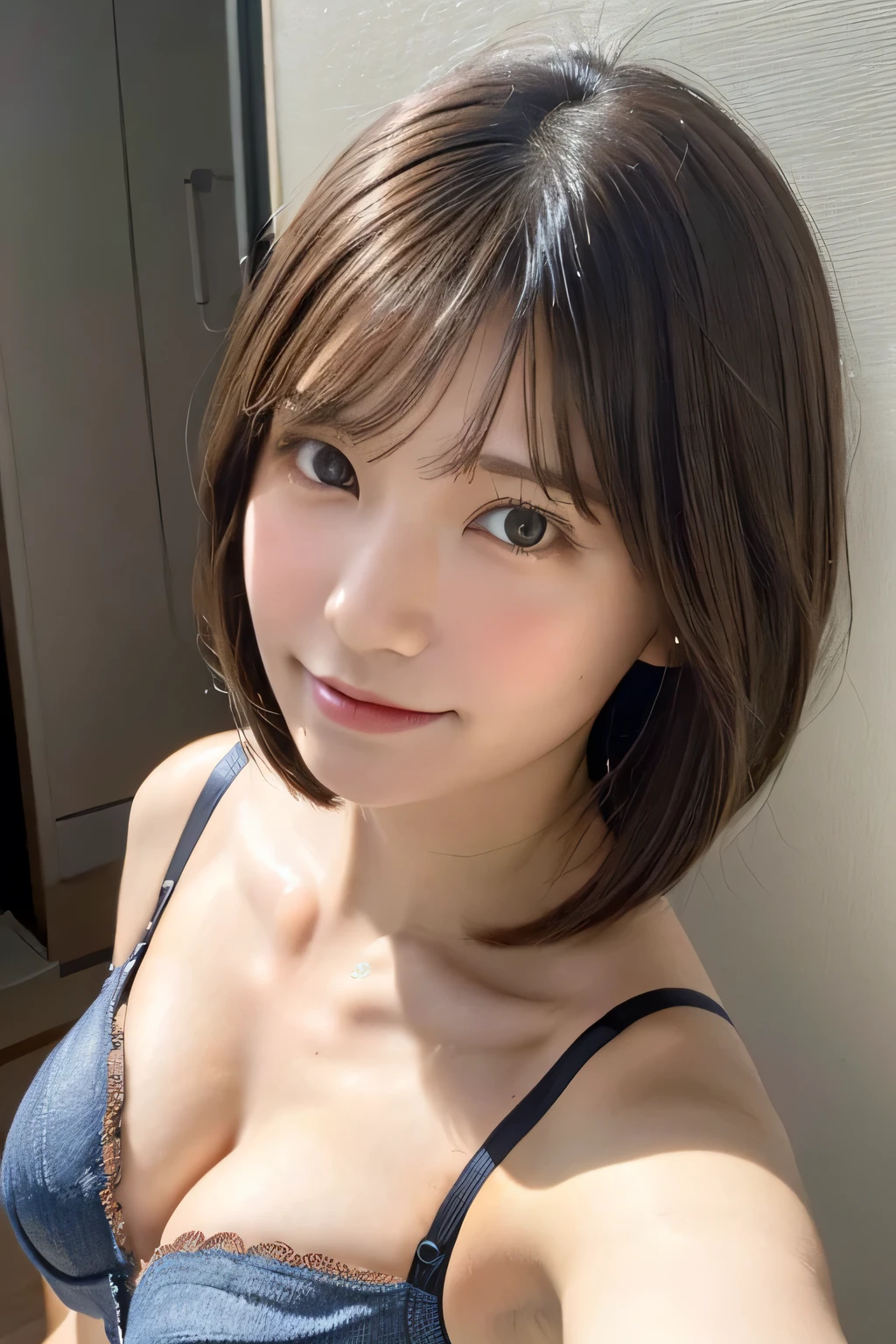 Browsing Caution, (Wearing a bra top, panties:1.4),Good top:red, (Selfie shots:2), One girl, {breast focus:1.6}, Chest close-up, Cleavage, close, clavicle, denim, jewelry, Large Breasts, belly button, alone,(From above),(Small breasts:1.3), Highest quality, 1 Beautiful Japan Woman, ,high school student,(18-year-old),Bobcut, (Brown Hair:1.2), Ultra-Realistic Capture, Very detailed, High resolution 16k close of human skin. Skin texture must be natural, So detailed that even pores can be distinguished. Skin looks healthier, In a unified tone. Use natural light and colour,
