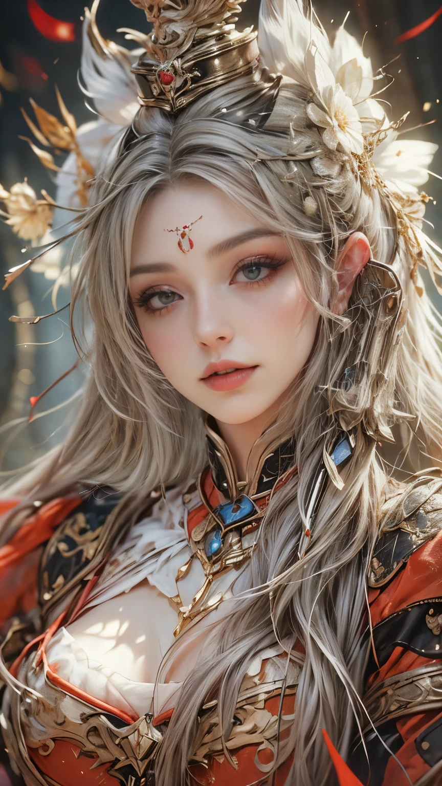 (8k, Highest quality, masterpiece)，(Realistic, RAW Photos, Super Fine Clear), Realistic Light, Detailed skin, Beautiful woman, ((25-year-old female, Bard:1.5)), Thin legs, fine grain, Long white hair, Detailed fingers, thin, Sexual, Ecstasy Facial Expressions, Super big bouncy and firm bust, (Deep crimson armor of complex construction), The chest is wide open, Exposing breasts, (Shangri-La, Flower Storm), Lakeside
