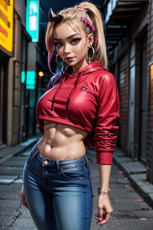 1female, deep crimson hair, styled in a high ponytail, fierce amber eyes, confident expression, black oni horns curving elegantly from her forehead, oversized graphic hoodie in neon pink, ripped black jeans, chunky white sneakers, silver hoop earrings, urban alley background with vibrant street art and neon lights, detailed face, hands to side, standing on path