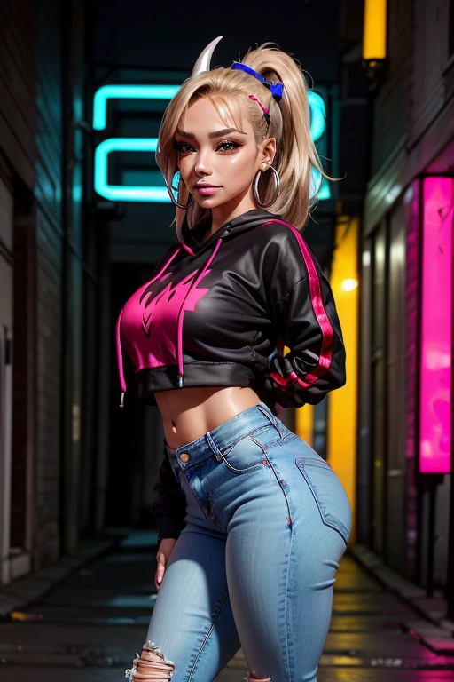 1female, deep crimson hair, styled in a high ponytail, fierce amber eyes, confident expression, black oni horns curving elegantly from her forehead, oversized graphic hoodie in neon pink, ripped black jeans, chunky white sneakers, silver hoop earrings, urban alley background with vibrant street art and neon lights, detailed face, hands to side, standing on path