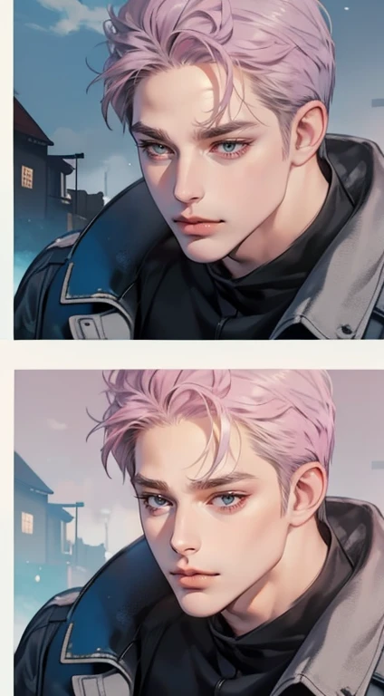 masterpiece, best quality, realistic, 1man, mature male, quiet and charming young man, 35 years old, close his eyes, serious, closed mouth, extremely detailed face, cold, ((dark grey blue eyes)), ((short-right-swept dark grey pink hair)), [thick eyebrows], ((hunter)), accurate, detailed, ((town))