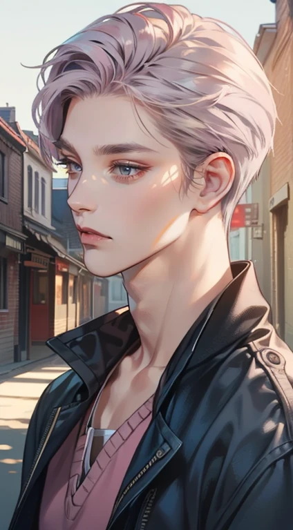 masterpiece, best quality, realistic, 1man, mature male, quiet and charming young man, 35 years old, close his eyes, serious, closed mouth, extremely detailed face, cold, ((dark grey blue eyes)), ((short-right-swept dark grey pink hair)), [thick eyebrows], ((hunter)), accurate, detailed, ((town))