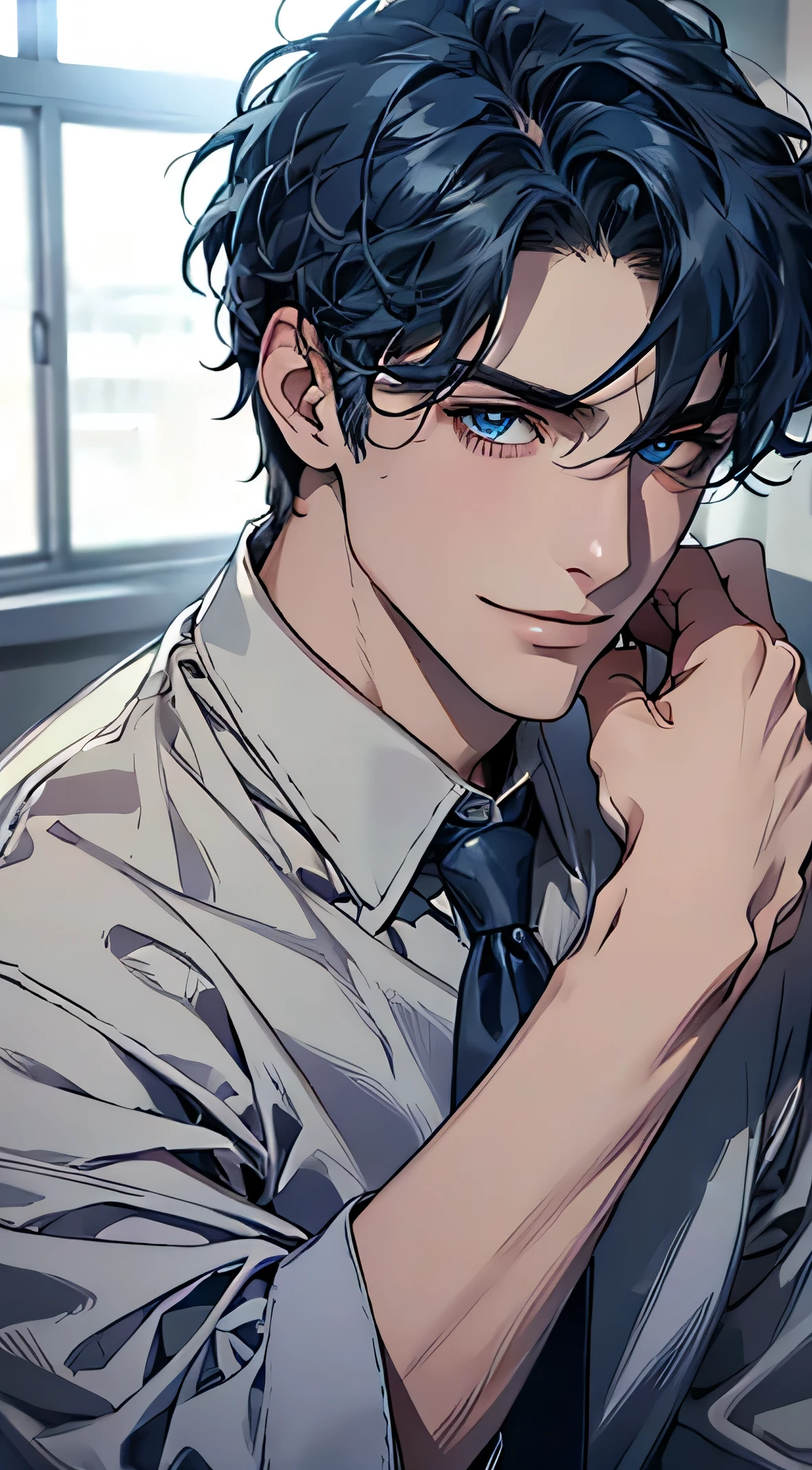 (Highest quality,4K,8k,High resolution,masterpiece:1.2),Very detailed,(Realistic,photoRealistic,photo-Realistic:1.37),1 person,31 years old,Mature Men,Beautiful Skin、profile、very handsome,Expressionless,smile,Blue Short Hair,blue eyes,Sharp eyes,Absolutely perfect face,Businessman,Office Background,Cinema Lighting,HDR image,tie、