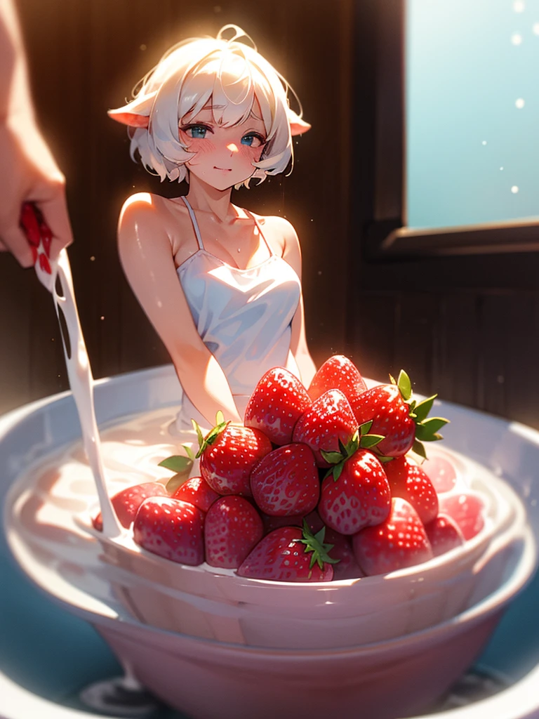 (Sumilux f1.4 50mm , low Latitude old color negative film , cross process , bokeh, flare, chromatic aberration , soft focus, (Shallow focus) , soft glow , Maximum aperture, low Key , Transparent depiction)  , horror style , coquettish , furry Dairy cow mom , short camisole , in the strawberry jam bath , Strawberry jam splashes , (Blank look , creepy smile)