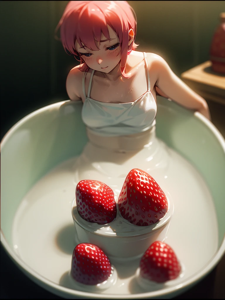 (Sumilux f1.4 50mm , low Latitude old color negative film , cross process , bokeh, flare, chromatic aberration , soft focus, (Shallow focus) , soft glow , Maximum aperture, low Key , Transparent depiction)  , coquettish , (udder Dairy cow) , strawberrys , Kama Sutra , (hide with strawberry) , short camisole , in the Milk bath , Stimulate with strawberries , (Blank look) , (Covered in condensed milk:0.8) , (Put a strawberry on crotch)