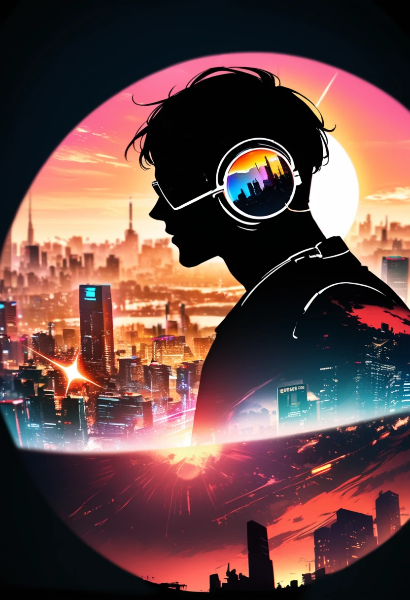 silhouette of a man in profile. short hair, (((sun glasses:1.3))), (headphones:1.3), Inside the silhouette you can see the  with a deep cyberpunk, city, supernova explosion, cyberpunk night city back ground（masterpiece), ((double exposure)), proportional.,DOUBLE EXPOSURE