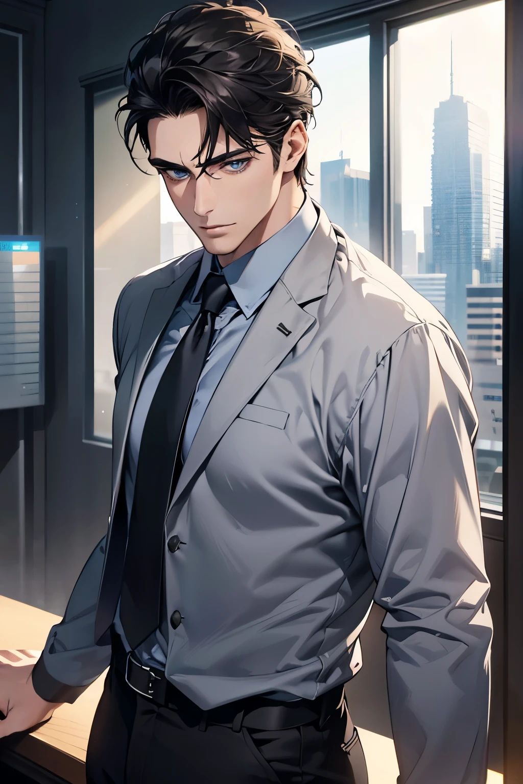 (Best Quality,4k,8k,high resolution,Masterpiece:1.2),ultra detailed,(realist,photorealist,photo-realist:1.37),1 man,31 years, man,very handsome,without expresion,muscled body,short gray black hair,Blue eyes,glare,perfect face without mistakes,imposing posture,businessman,office background,cinematic lighting,imagen HDR