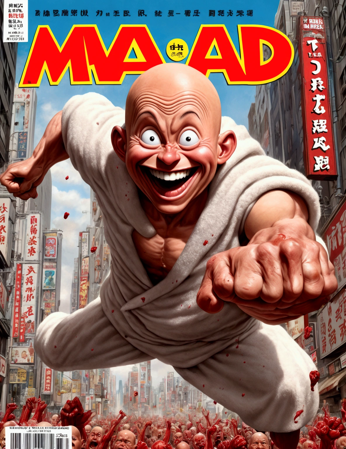 (Mad Magazine cover) Alfred E Neuman as One Punch man Saitama in a heroic pose with classic Newman smile, Tatsumaki (extremely sexualized, big butt, big boobs, classic dress) very mad jumping up and down yelling at Saitama, bloody remains of a beast all over the crowd and downtown Tokyo
