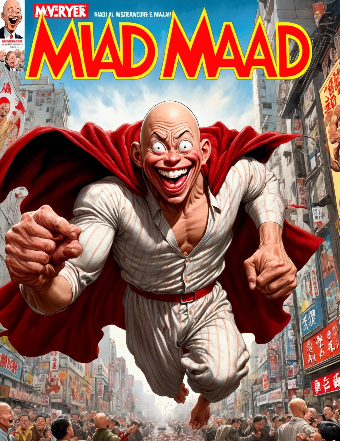 (Mad Magazine cover) (A muscular bald man with a wide grin, a classic Alfred E. Neuman face, classic Saitama pajama outfit with blanket cape) in a heroic one-punch pose, the bloody remains of a monster strewn across a panicked crowd in downtown Tokyo, dynamic action, cinematic lighting, digital painting, highly detailed, 8k, photorealistic, dynamic composition, dramatic atmosphere, striking colors, vibrant (title across the top MAD)