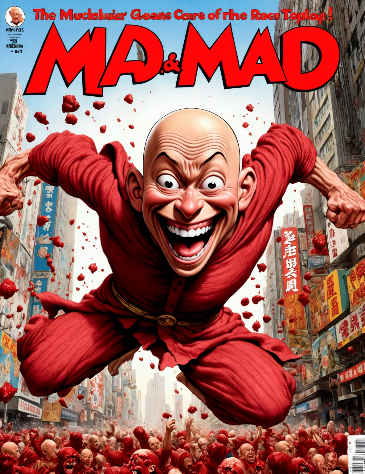 (Mad Magazine cover) (A muscular bald man with a wide grin, a classic Alfred E. Neuman face, classic Saitama pajama outfit with blanket cape) in a heroic one-punch pose, the bloody remains of a monster strewn across a panicked crowd in downtown Tokyo, dynamic action, cinematic lighting, digital painting, highly detailed, 8k, photorealistic, dynamic composition, dramatic atmosphere, striking colors, vibrant (title across the top MAD)
