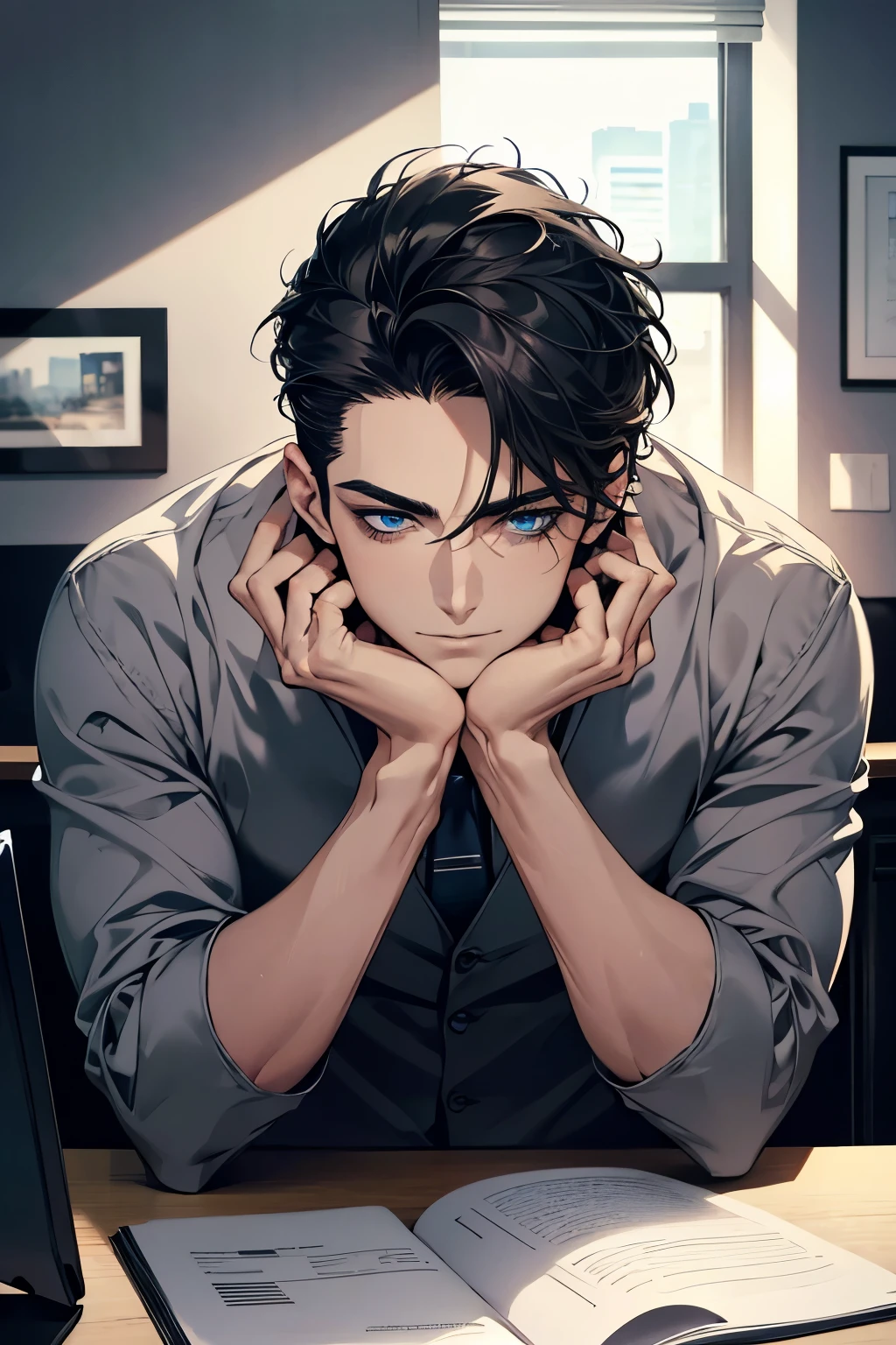 (Best Quality,4k,8k,high resolution,Masterpiece:1.2),ultra detailed,(realist,photorealist,photo-realist:1.37),1 man,31 years,mature man,very handsome,without expresion,muscled body,short gray black hair,Blue eyes,glare,perfect face without mistakes,imposing posture,businessman,office background,cinematic lighting,imagen HDR