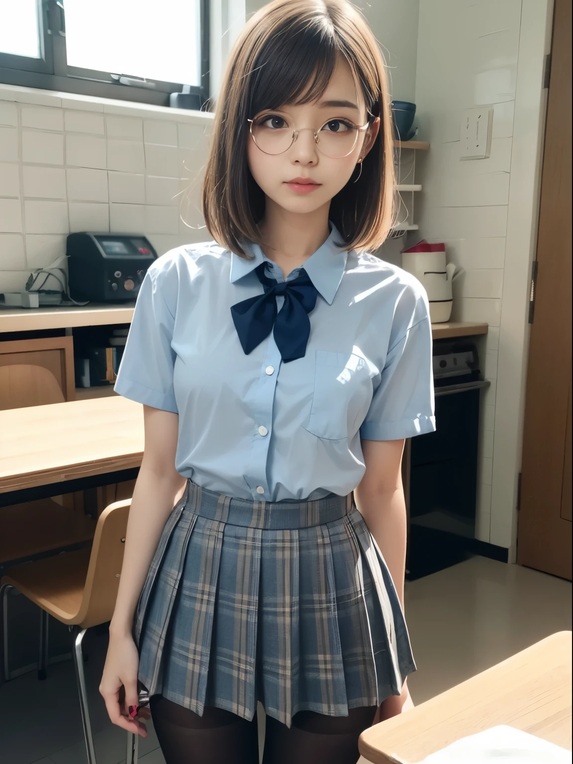 (8k、生photograph、Highest quality、masterpiece:1.2)、Short Bob Cut、(Small eyes)、(Black Pantyhose)、((Small breasts)、(Small breasts)、(Small breasts)、(Cutting board)、(Cutting board))、((Half an eye))、((Sleepy eyes))、((Squint your eyes))、(Round Glasses)、One person、cute、JK、high school girl、Japanese women、Are standing、(PhotoReactive:1.37)、Photon Mapping、Real、(Very delicate face)、cute小さな顔、Brown eyes、(Red bow tie)、Radio City、Physically Based Rendering、Prospect、Character boundary depth、Blurred Background、photograph、girl、body、Beautiful feet、Long legs、Thin legs、(前hairが見える)、hair、lips、Blue_The目、Soft Nose、(Light blue shirt)、(Navy, blue and white plaid pleated skirt)、High school uniforms、See-through clothing、Thighs、black cotton socks、Nogizaka Idol、、Japan Ido