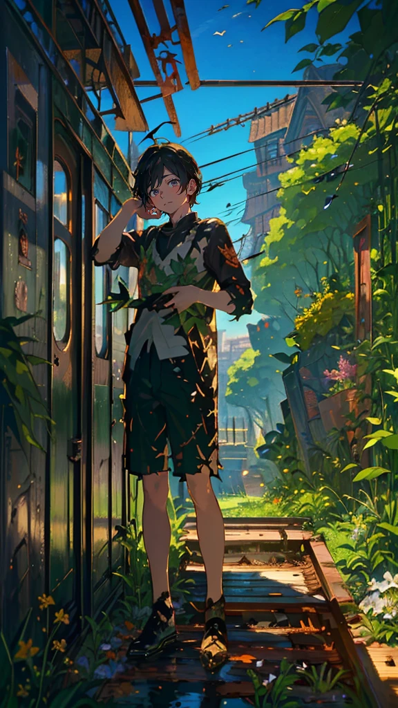 (Mastepiece), (Best Quality), Very detailed, (1 boy:1.5), (Full body solo shot:1.4), Perfect Face, Beautiful Boy, Very detailedな顔,(Black short hair:1.5),(Green Eyes:1.4),(short pants:1.4)、(Lots of butterflies々:1.4)、bird、(Ruined station、line、Rusty train:1.5)、(Plants、flower:1.4)、mysterious、Fantasy、beautiful、Beautiful Landscape