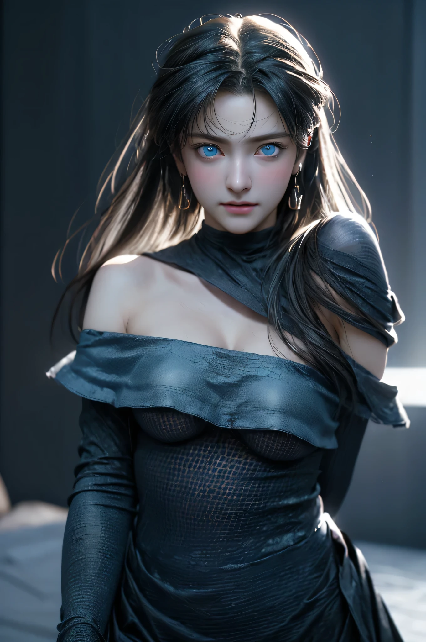 (Girl in a semi-transparent one-shoulder black miniskirt dress）, (photo realistic:1.4), (hyper realistic:1.4), (realistic:1.3), (smoother lighting:1.05), (increase cinematic lighting quality:0.9),. 32K, 1girl,20yo girl, realistic lighting, backlight, light on face, ray trace, (brightening light:1. 2), (increase image quality:1.4), (highest quality realistic textured skin:1. 4),(Big Blue Eyes)、Detailed drawn eyes、Detailed painted face、Fine textured eyes、(tired、sleepy、satisfaction:0.0)、Close-up of face、A shirt that shows off a lot of cleavage、(Accentuates the body line:1.1)、(Beautiful textured skin:1.1)

