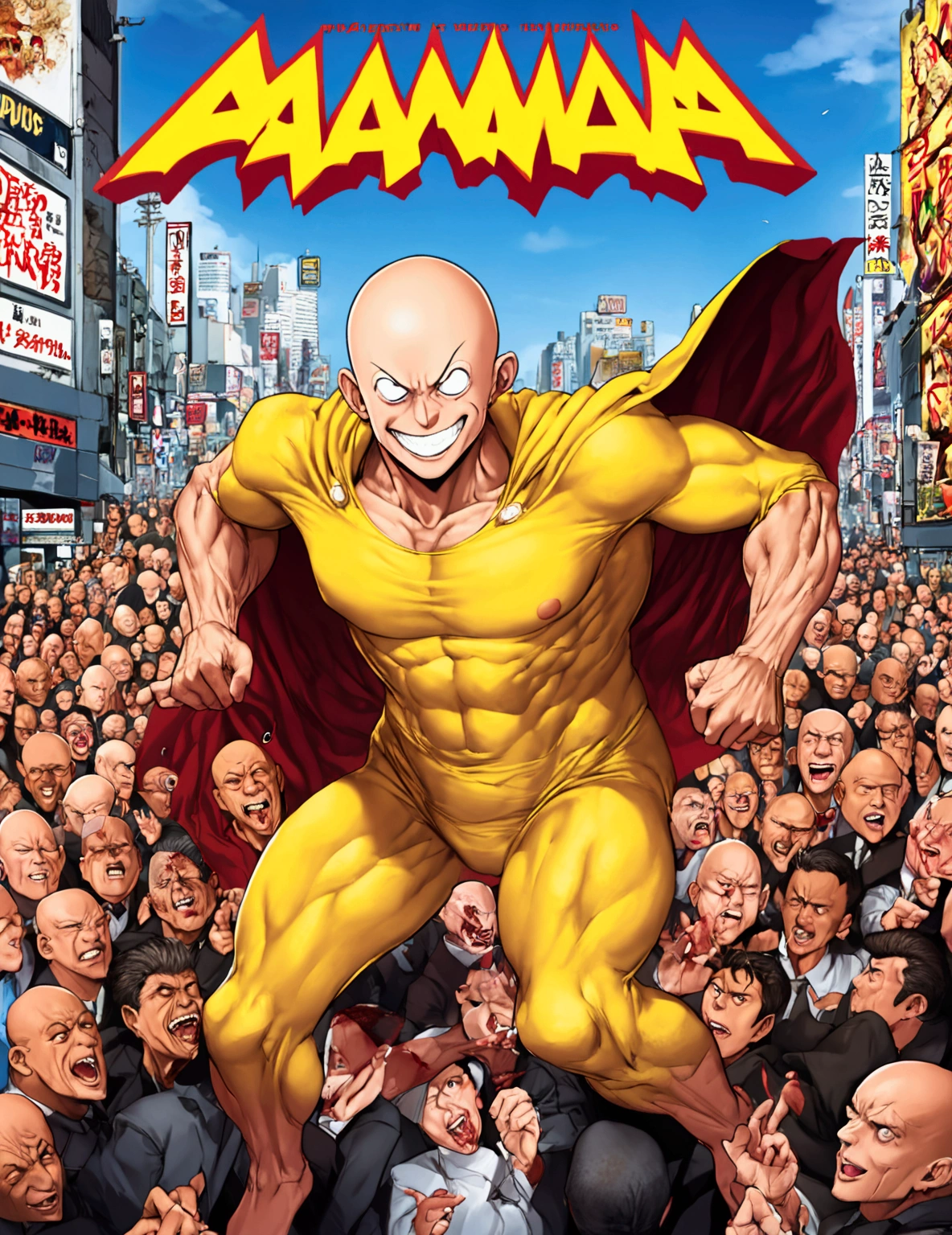 (Mad Magazine cover) (A muscular bald man with a wide grin, a classic Alfred E. Neuman face, classic Saitama pajama outfit with blanket cape) in a heroic one-punch pose, the bloody remains of a monster strewn across a panicked crowd in downtown Tokyo, dynamic action, cinematic lighting, digital painting, highly detailed, 8k, photorealistic, dynamic composition, dramatic atmosphere, striking colors, vibrant (title across the top MAD)