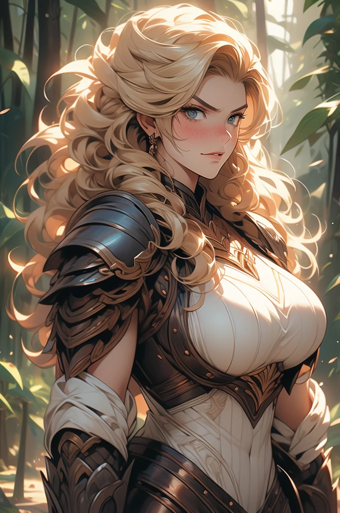 1 girl, curly blonde hair, freckles, voluptuous, giant, strong, smirking, angry, leather armor, heroine, forest background