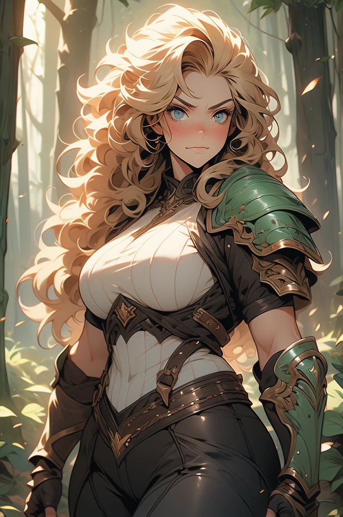 1 girl, curly blonde hair, freckles, voluptuous, giant, strong, smirking, angry, leather armor, heroine, forest background