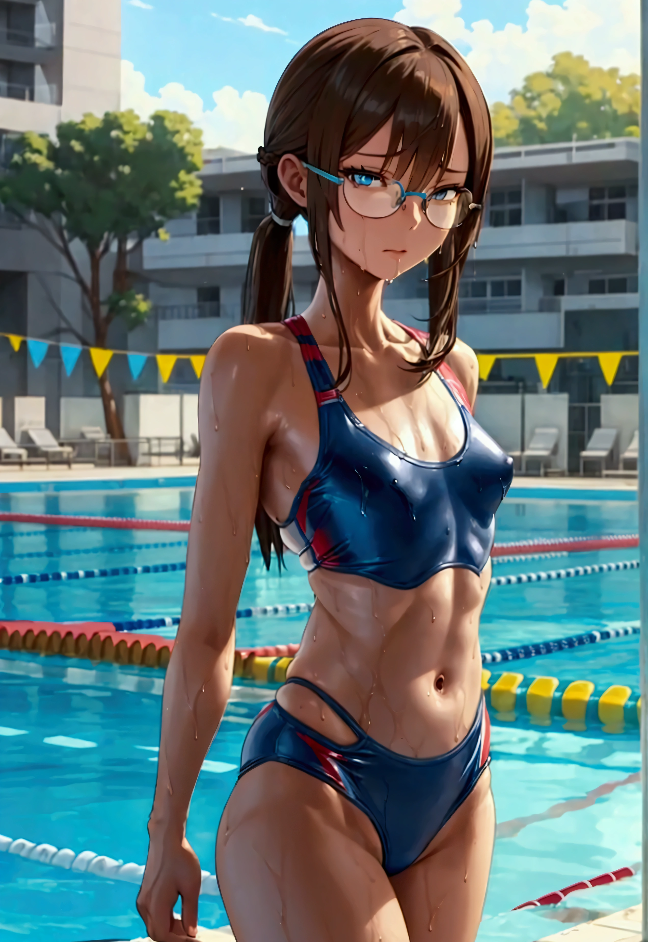 ((full body)), athletic body, muscular, masterpiece, best quality, anime, anatomically accurate, detailed face, pretty face, extremely detailed face, 1girl, tall girl, long hair, long legs, slender body, skinny body, small breasts, flat chest, twintails hair, brown hair, framed glasses, standing, wet skin, glossy skin, blue sports swimsuit, swimming pool, bad mood