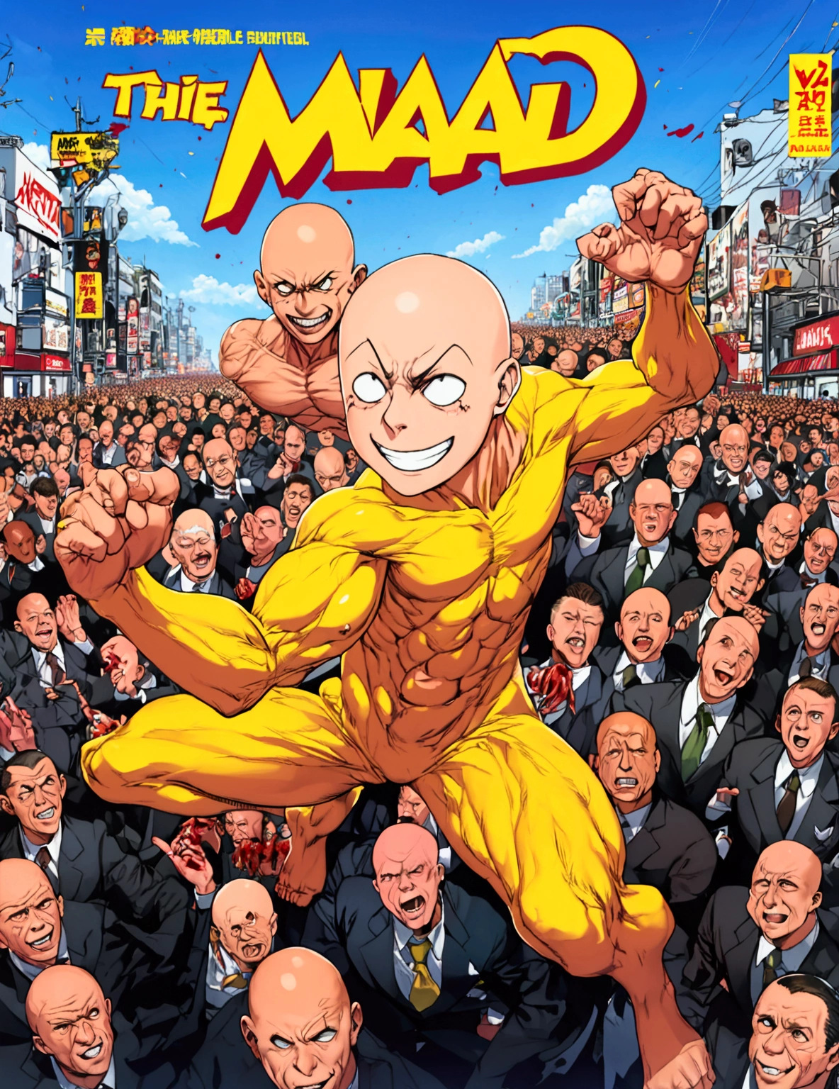 (Mad Magazine cover) (A muscular bald man with a wide grin, a classic Alfred E. Neuman face, classic Saitama pajama outfit with blanket cape) in a heroic one-punch pose, the bloody remains of a monster strewn across a panicked crowd in downtown Tokyo, dynamic action, cinematic lighting, digital painting, highly detailed, 8k, photorealistic, dynamic composition, dramatic atmosphere, striking colors, vibrant (title across the top MAD)
