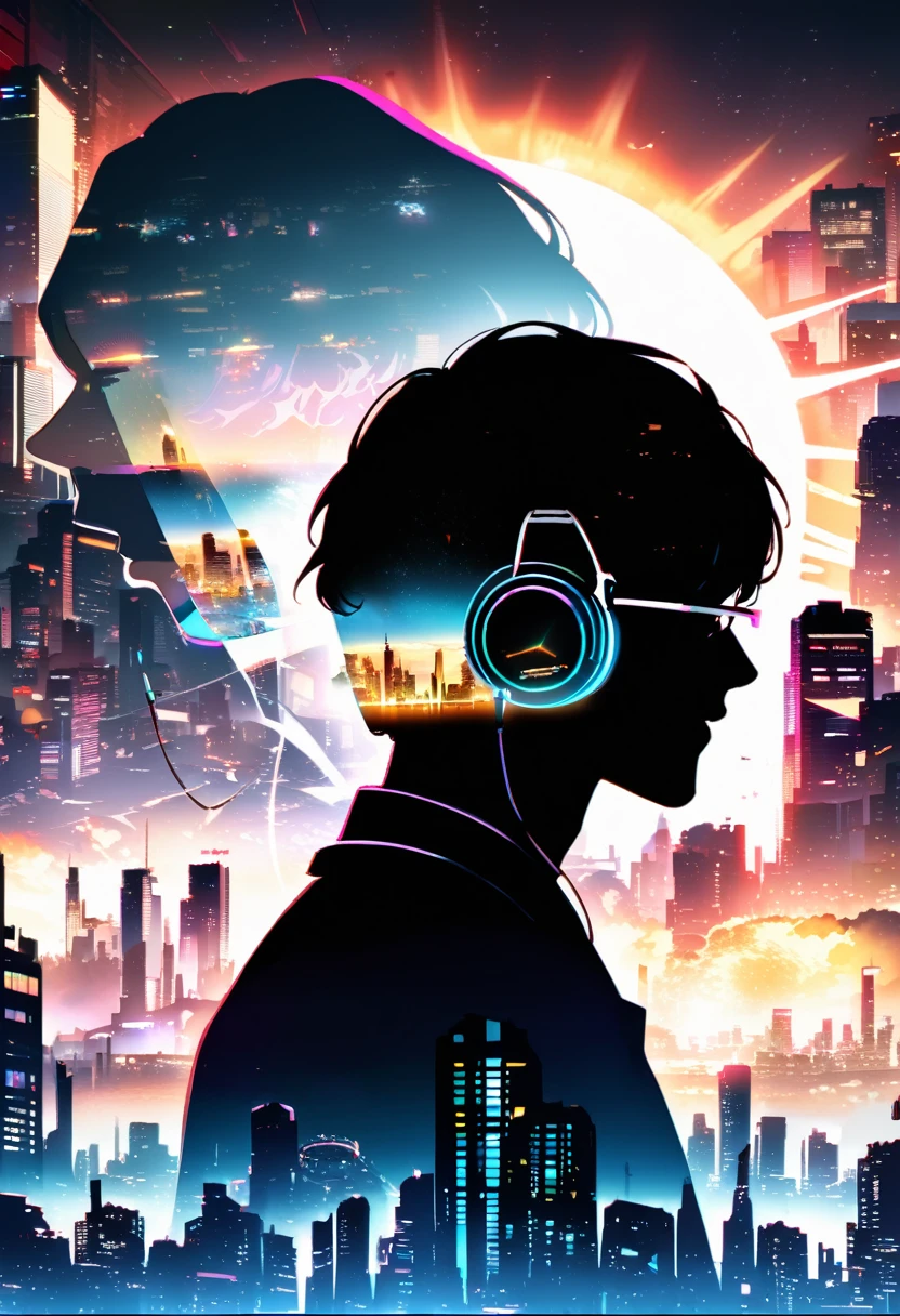 silhouette of a man in profile. short hair, (((sun glasses:1.3))), (headphones:1.3), Inside the silhouette you can see the with a deep cyberpunk, city, supernova explosion, cyberpunk night city back ground(masterpiece), ((double exposure)), proportional.,DOUBLE EXPOSURE