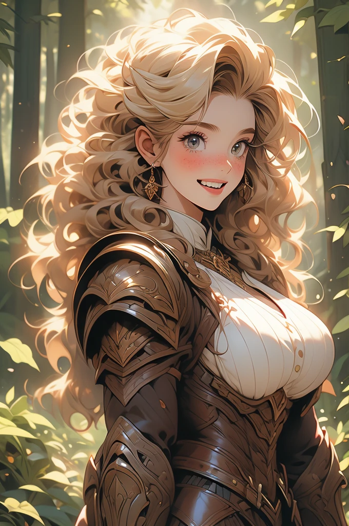 1 girl, curly blonde hair, freckles, voluptuous, giant, strong, laughing, leather armor, heroine, forest background